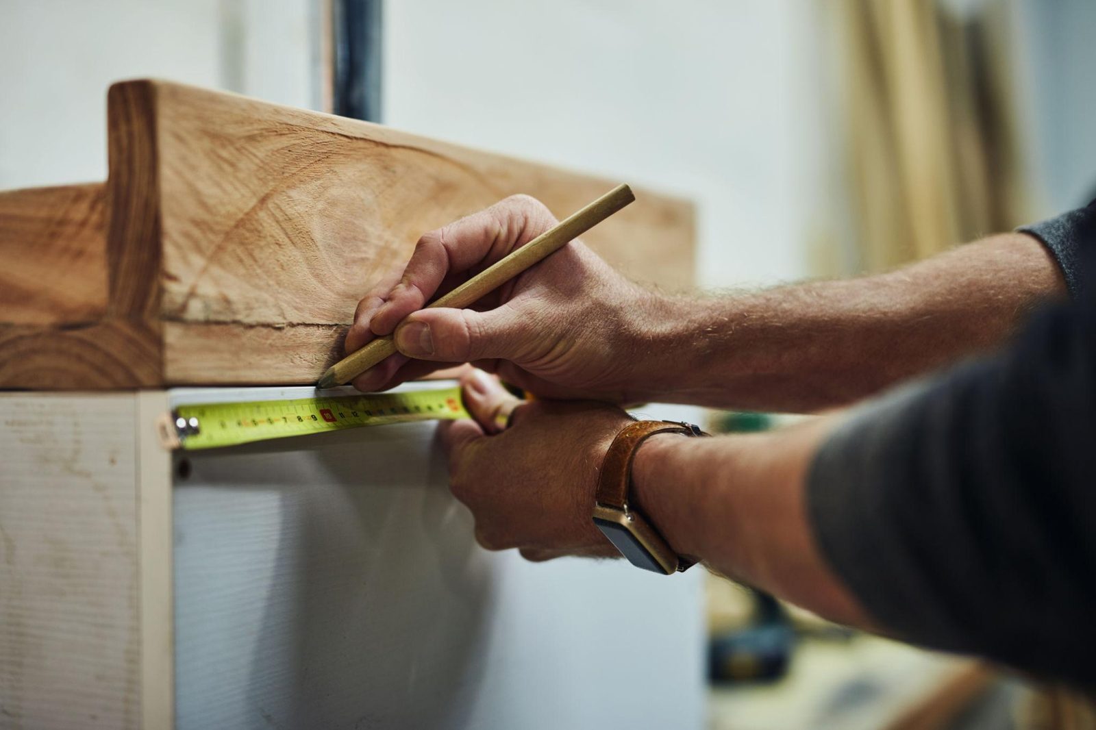 Close-up of precise measurement on a woodworking joint